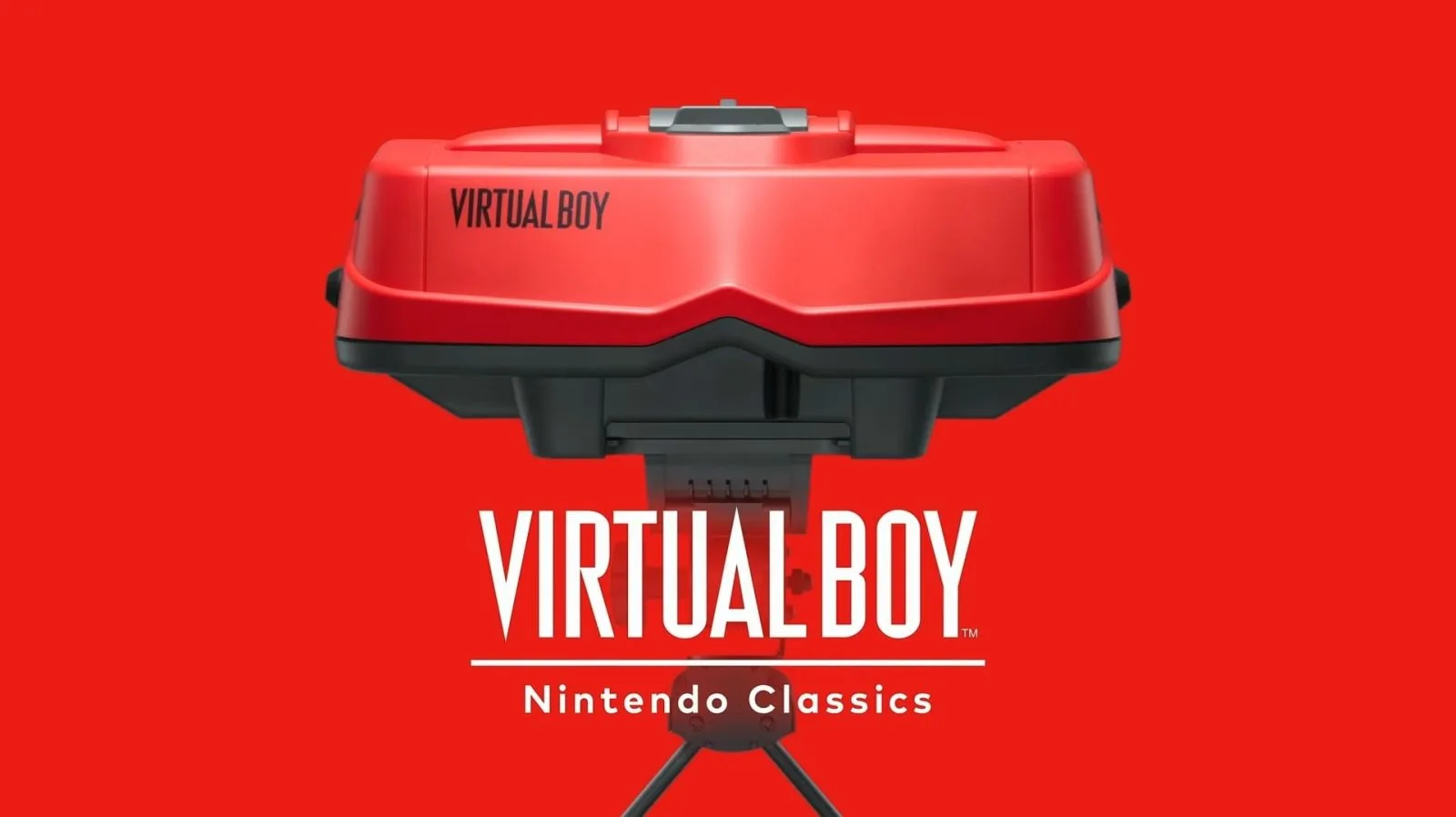 Nintendo Virtual Boy red and black headset displayed next to a Switch 2 console with Switch Online Virtual Boy app on screen