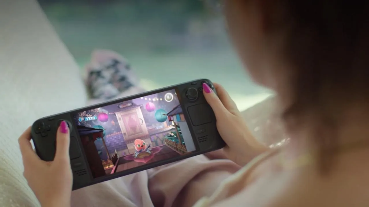 Steam Deck OLED compared side by side with Nintendo Switch 2 and ASUS ROG Ally X handhelds