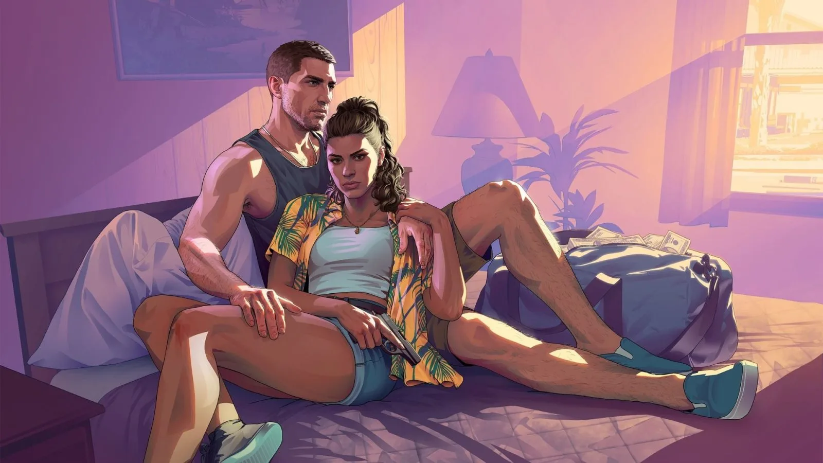 GTA 6 promotional art showing Lucia and Jason in Vice City ahead of pre-orders going live